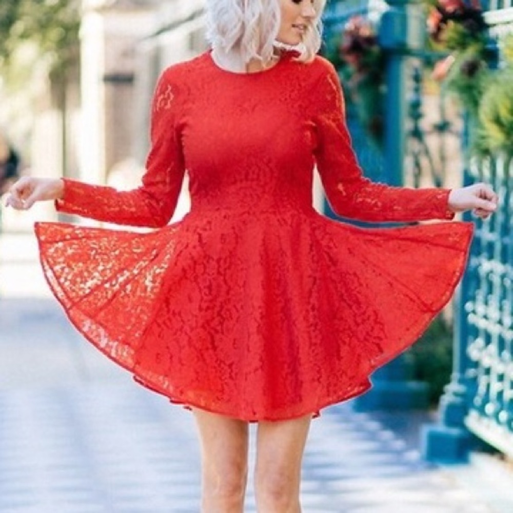 Red Long Sleeve Lace Dress